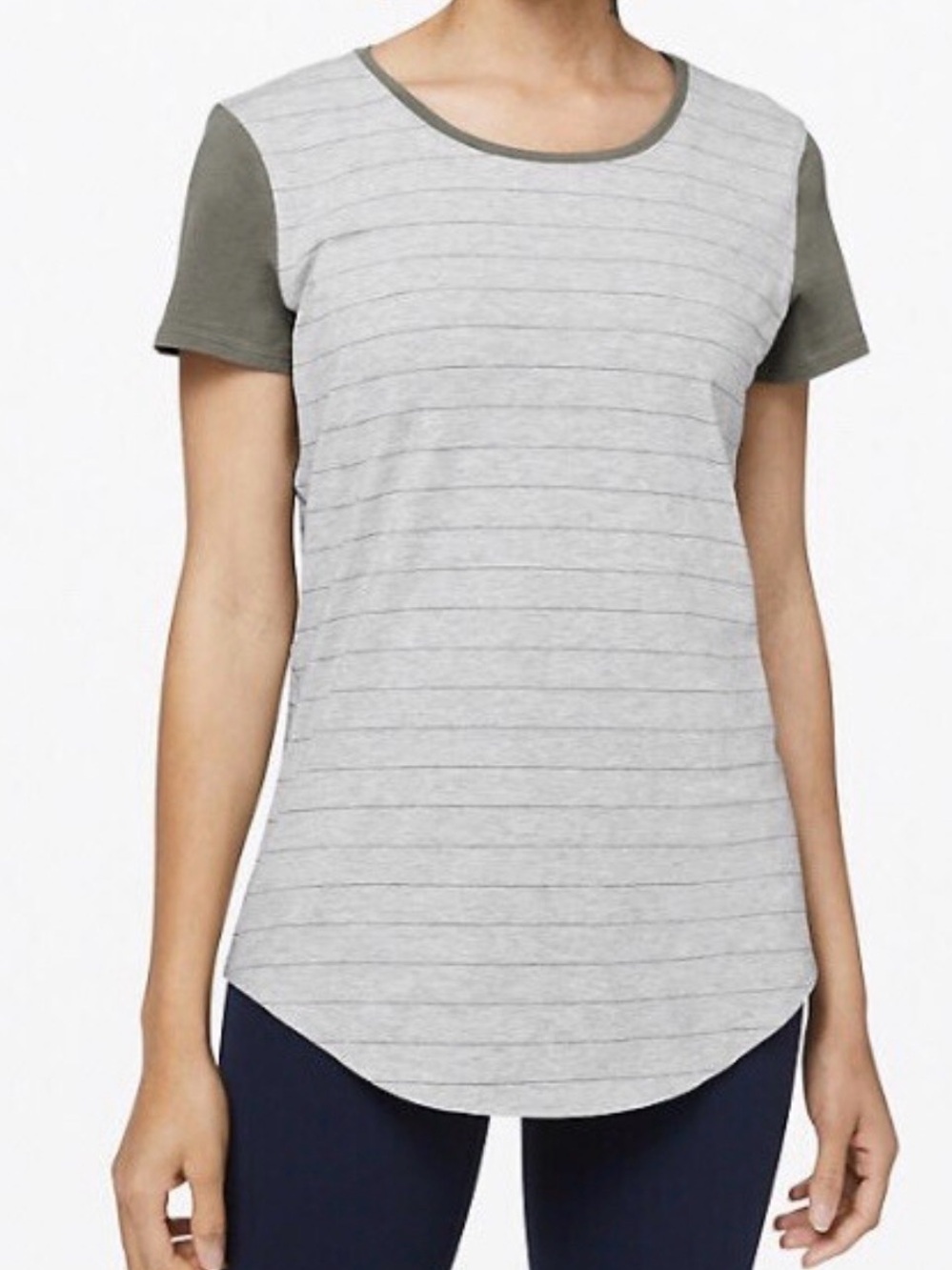 lululemon athletica Heathered Gray Stripe Tee with Olive Short Sleeves